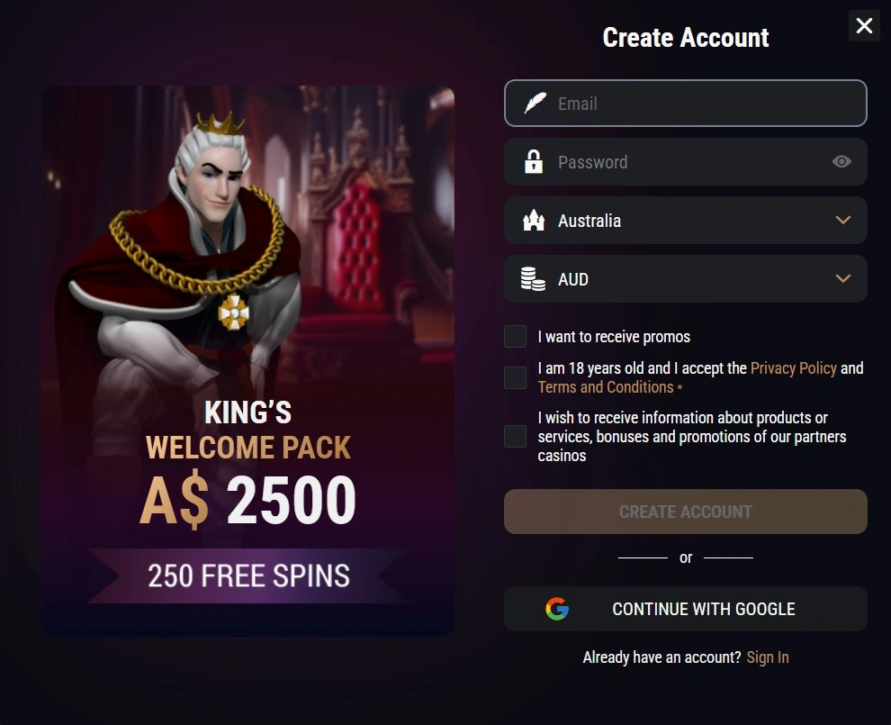 King Billy Casino sign up registration form