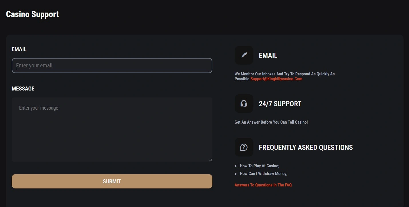 King Billy Casino customer support contact page